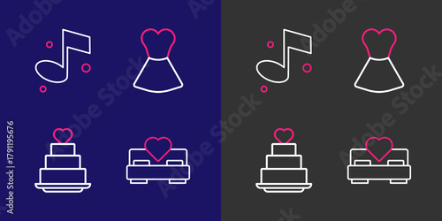 Set line Bedroom, Wedding cake with heart, Woman dress and Music note icon. Vector