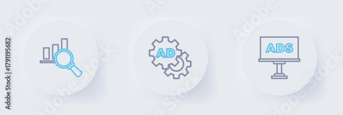 Set line Advertising, and Magnifying glass and analysis icon. Vector