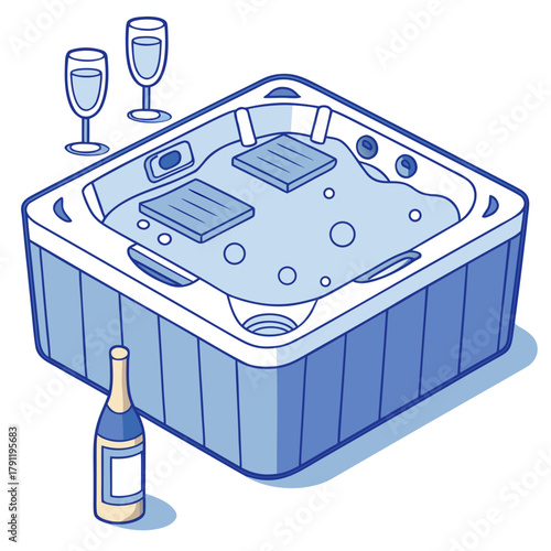 Hot tub with champagne and glasses in minimalist blue style  