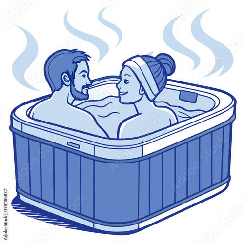 Couple relaxing in hot tub with steam and light blue background  