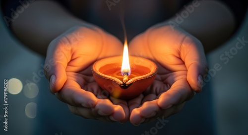 Human hands gently hold a brightly burning, traditional clay oil lamp in dim light
