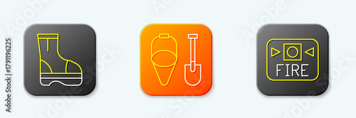 Set line Fire boots, shovel and bucket and alarm system icon. Vector