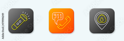 Set line Flashlight, Telephone call 911 and Location with fire flame icon. Vector
