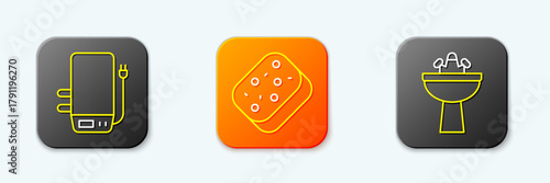 Set line Electric boiler, Sponge and Washbasin with water tap icon. Vector