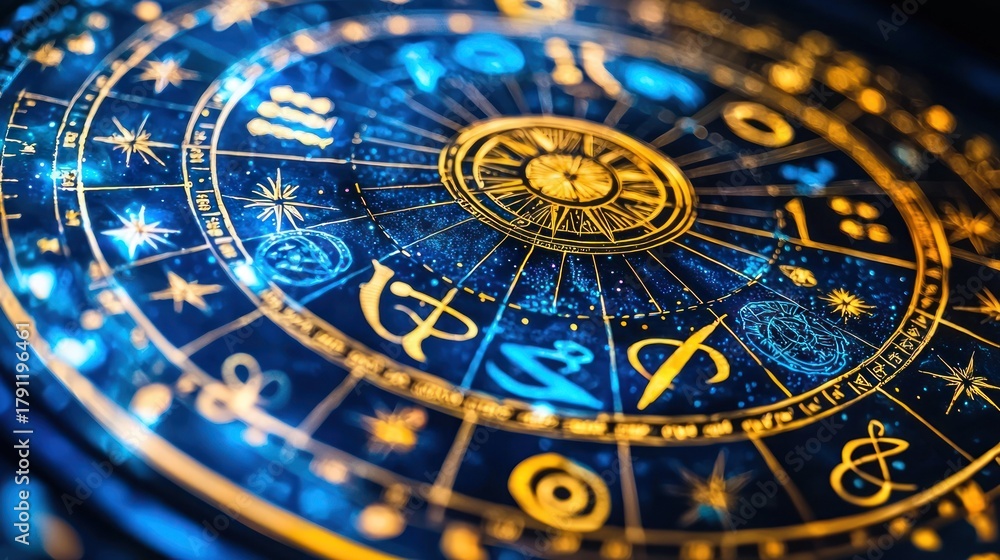 Fototapeta premium Intricate glowing blue and gold celestial disc featuring zodiac symbols and starry designs