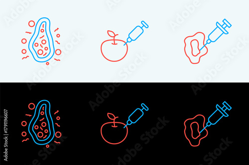 Set line Syringe, Bacteria and Genetically modified apple icon. Vector
