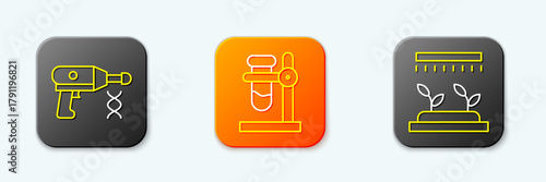 Set line Transfer liquid gun, Test tube flask on stand and Automatic irrigation sprinklers icon. Vector