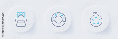 Set line Canteen water bottle, Donut and Potatoes french fries in box icon. Vector