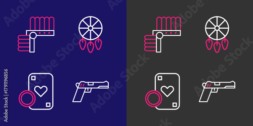 Set line Pistol or gun, Casino chip and playing cards, Dream catcher with feathers and Indian headdress icon. Vector