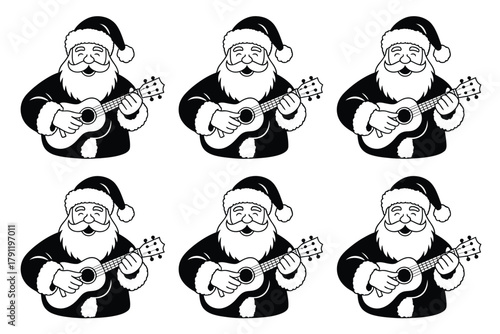 Six identical illustrations of Santa Claus playing a ukulele in black and white.