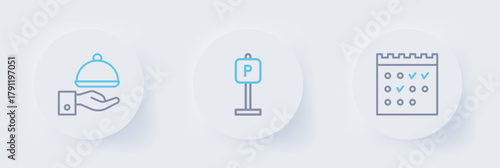 Set line Hotel booking calendar, Parking and Covered with tray icon. Vector
