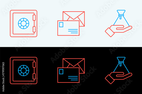 Set line Bribe money bag, Safe and Envelope icon. Vector