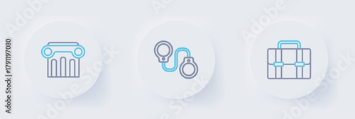 Set line Briefcase, Handcuffs and Law pillar icon. Vector