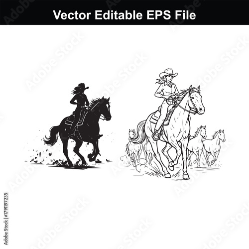 Cowgirl riding a horse in a field with other horses running in the background, vector illustration