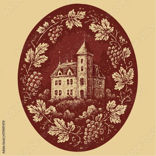 vineyard manor vignette: burgundy estate oval, grapevine frame, heritage label, vintner legacy seal