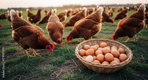 Many brown chickens roam a sunny green field near a basket full of fresh brown eggs