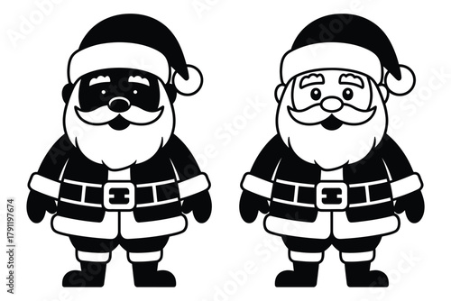 Two cartoon figures of Santa Claus, one with dark skin and one with light skin, representing diversity.