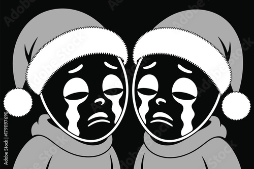 Two identical crying figures wearing Santa hats with their eyes closed.