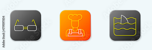 Set line Glasses, Cook and Shark fin in ocean wave icon. Vector