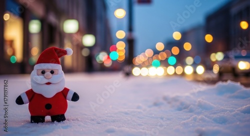 Fototapeta Naklejka Na Ścianę i Meble -  Miniature Santa figurine stands on snowy city street at dusk with blurred festive lights