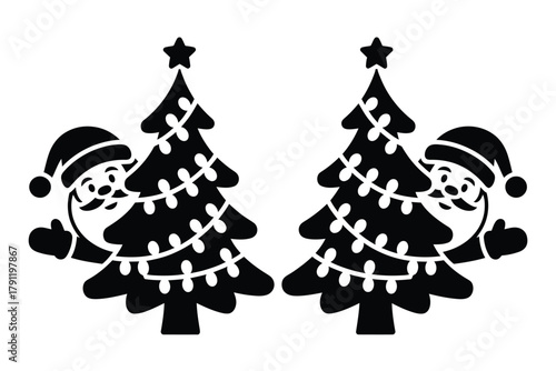 Two cheerful Santas peek from behind decorated Christmas trees with stars.