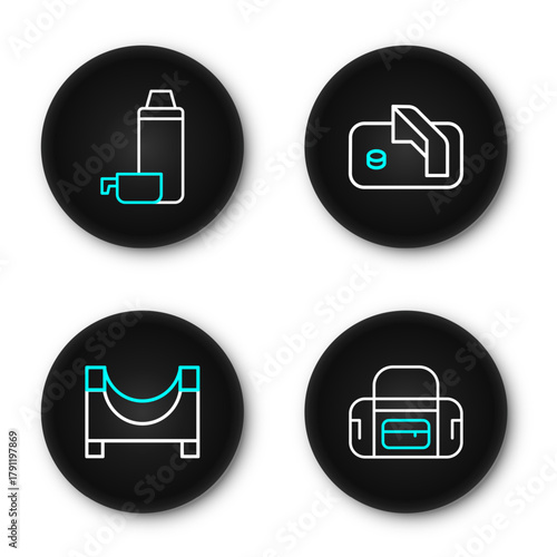 Set line Sport bag, Skate park, Ice hockey goal and Thermos container icon. Vector