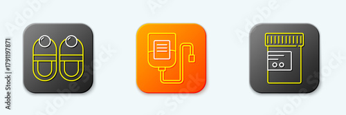Set line Slippers, IV bag and Medicine bottle and pills icon. Vector