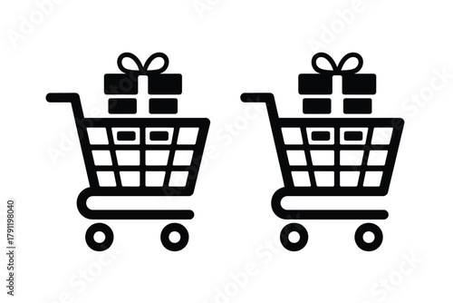 Two shopping carts with gift boxes on a white background, representing commerce.