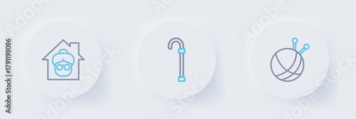 Set line Yarn ball with knitting needles, Walking stick cane and Nursing home icon. Vector
