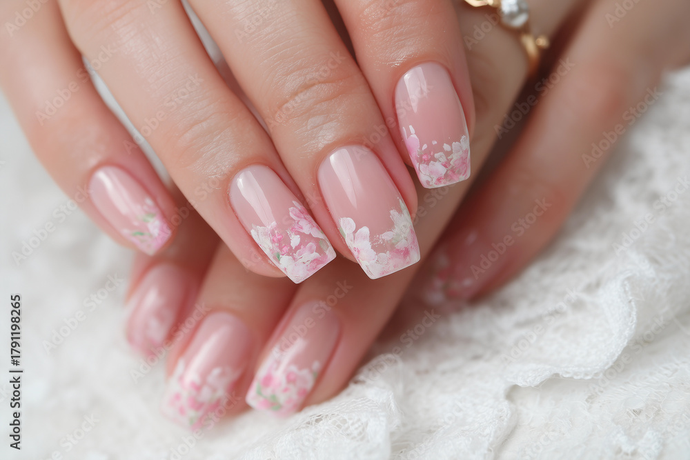 Naklejka premium Beautiful nails featuring delicate floral art on a transparent base for trendy fashion looks in 2026