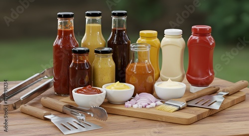 Assorted sauces condiments barbecue grilling tools delicious food photography tasty gourmet ingredients flavor packed