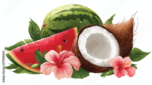 Exotic Fruits Composition with Watermelon and Coconut for Vibrant Stock Photos