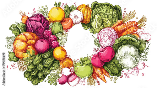 Vibrant Fruit and Vegetable Wreath: Fresh and Ripe Produce Display