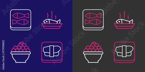Set line Sushi on cutting board, Caviar, Served fish plate and Canned icon. Vector