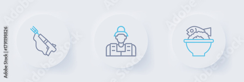 Set line Served fish on a bowl, Fisherman and Fishing harpoon icon. Vector