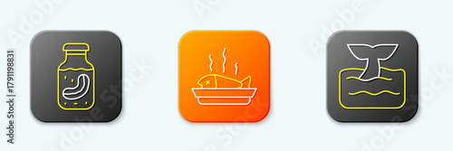Set line Sea cucumber in jar, Served fish on plate and Whale tail ocean wave icon. Vector