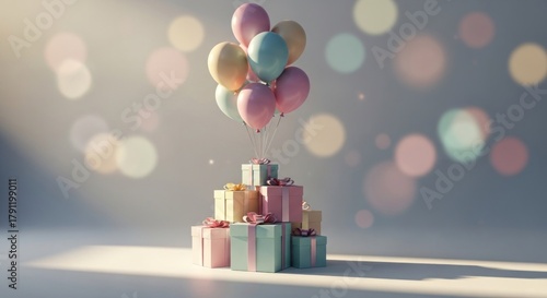 Pastel gift boxes stacked with floating balloons against a soft, festive bokeh backdrop