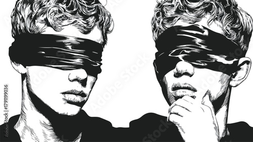 Young Boy Wearing Black Blindfold Vector - Professional Isolated Outline Design