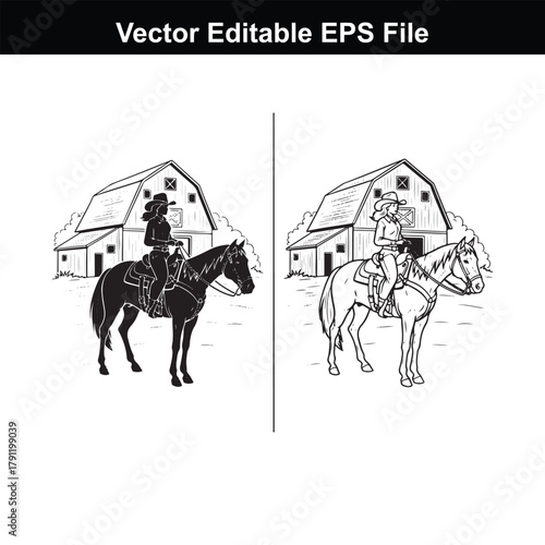 Silhouette of a cowgirl riding a horse in front of a barn, contrasted with a line drawing of a cowgirl on a horse and barn