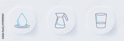 Set line Glass with water, Jug glass and Water drop icon. Vector