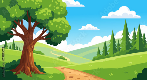Lush cartoon landscape a winding dirt path, prominent tree, rolling green hills, and distant pine forest under a bright blue sky