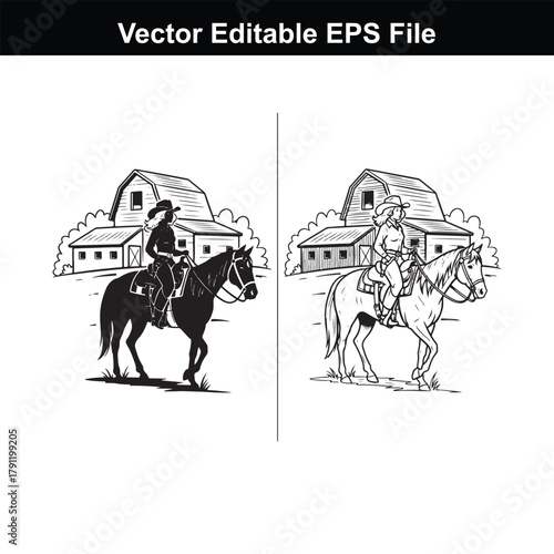 Silhouette and line art of a cowgirl riding a horse with a barn and trees under a starry night sky