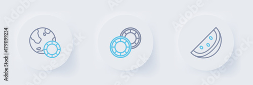 Set line Casino slot machine with watermelon, chips and icon. Vector