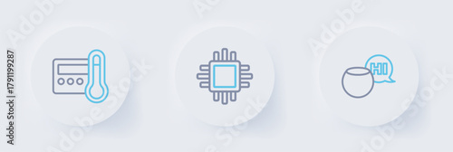 Set line Voice assistant, Processor with CPU and Thermostat icon. Vector