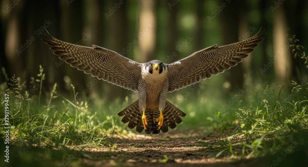 Fototapeta premium Powerful raptor soaring with wings spread, flying low over a sun-dappled forest path
