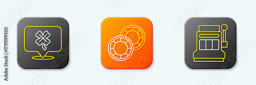 Set line Casino slot machine with clover, chips and Slot icon. Vector