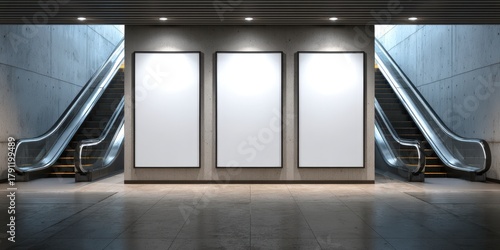 Three blank billboards in modern subway station with escalators