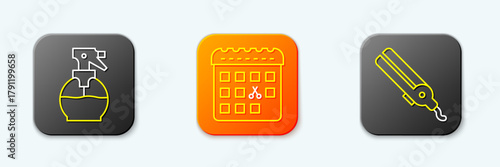Set line Hairdresser pistol spray bottle, Calendar with haircut day and Curling iron icon. Vector