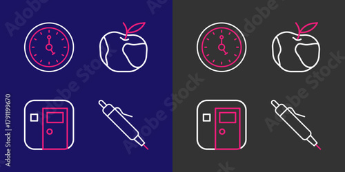 Set line Pen, School classroom, Apple and Clock icon. Vector