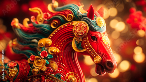 chinese asian new year symbol red horse fire with gold patterns for calendar and cards 2026